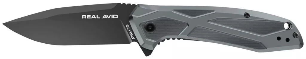 Real Avid AVRAV2 RAV-23.25″ Folding Drop Point Plain Black Oxide 8Cr13MoV SS Blade, Aluminum Handle, Clamshell Pkg