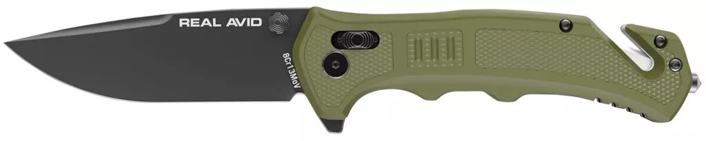 Real Avid AVRAV4 RAV-43.25″ Folding Drop Point Plain Black Oxide 8Cr13MoV SS Blade, OD Green Textured GFN Handle, Clamshell Pkg