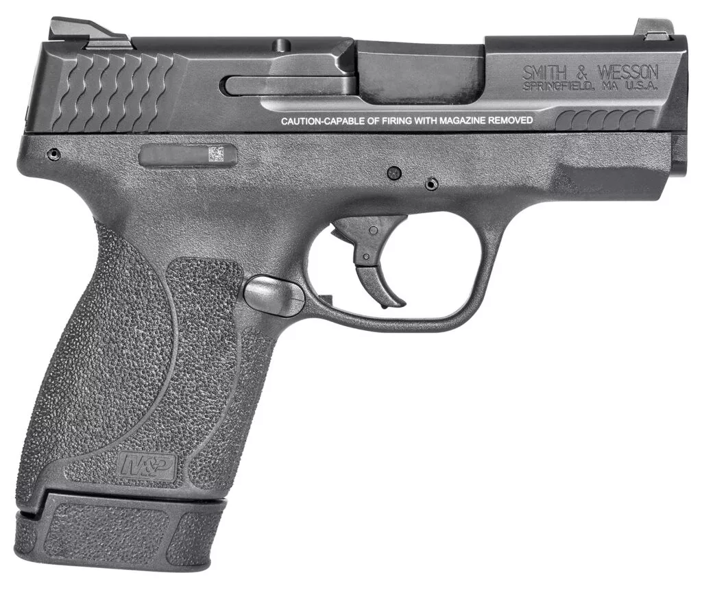 Smith & Wesson 14659 M&P M2.0Shield Compact Slim Frame .45 ACP 7+1 3.30″ Black Armornite Barrel, Black Armornite Stainless Steel Serrated Slide, Black Polymer Frame & Textured Grip, No Manual Safety