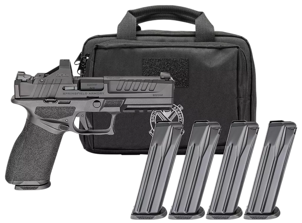 Springfield Armory EC9459BCAPAC Echelon Gear Pac *CA Compliant 9mm Luger 10+1 4.50″ Black Melonite Barrel & Steel Optic Ready/Serrated Slide, Black Polymer Frame w/Picatinny Rail, Viridian RFX-11 Green Dot