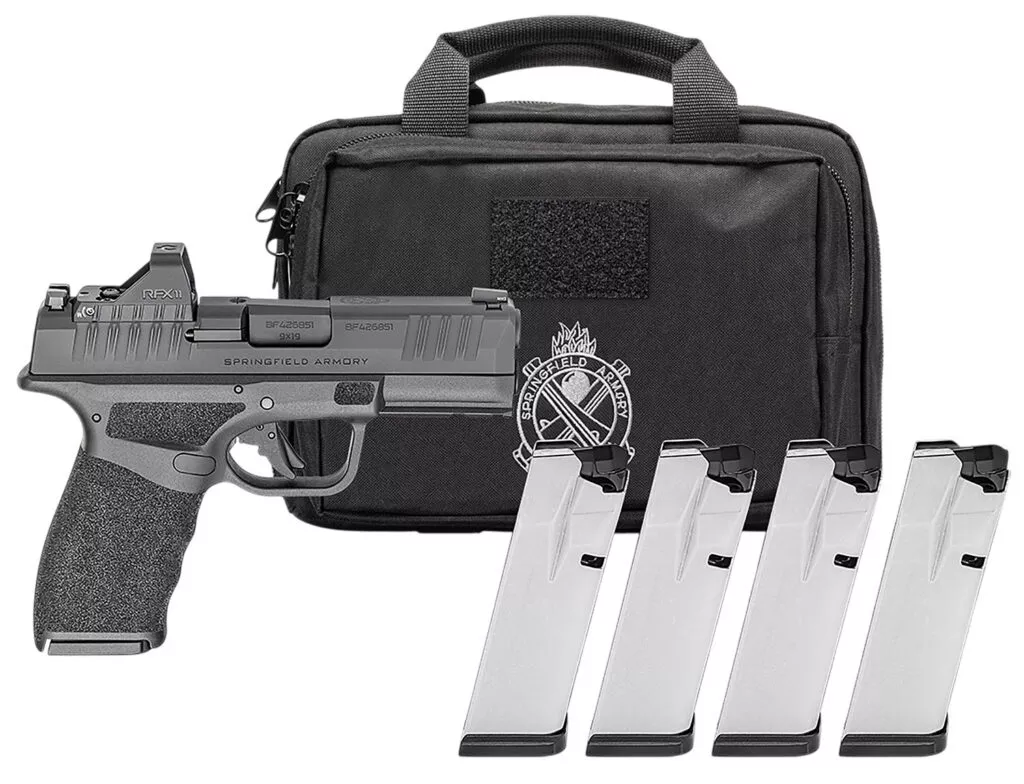 Springfield Armory Hellcat Pro HCP9379BOSPCA-PAC CA Compliant 9mm Luger 10+1 3.70″ Black Melonite Steel Barrel & Optic Ready/Serrated Steel Slide, Black Polymer Frame W/Picatinny Rail, Viridian RFX11