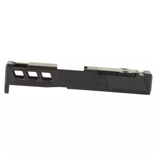 Zaffiri Precision, ZPS.P, Optics Ready Stripped Slide, RMSc Footprint, Lightening Cuts, Cerakote Finish, Armor Black, For Glock 43, Includes Black Anodized Optics Plate Cover and Screws